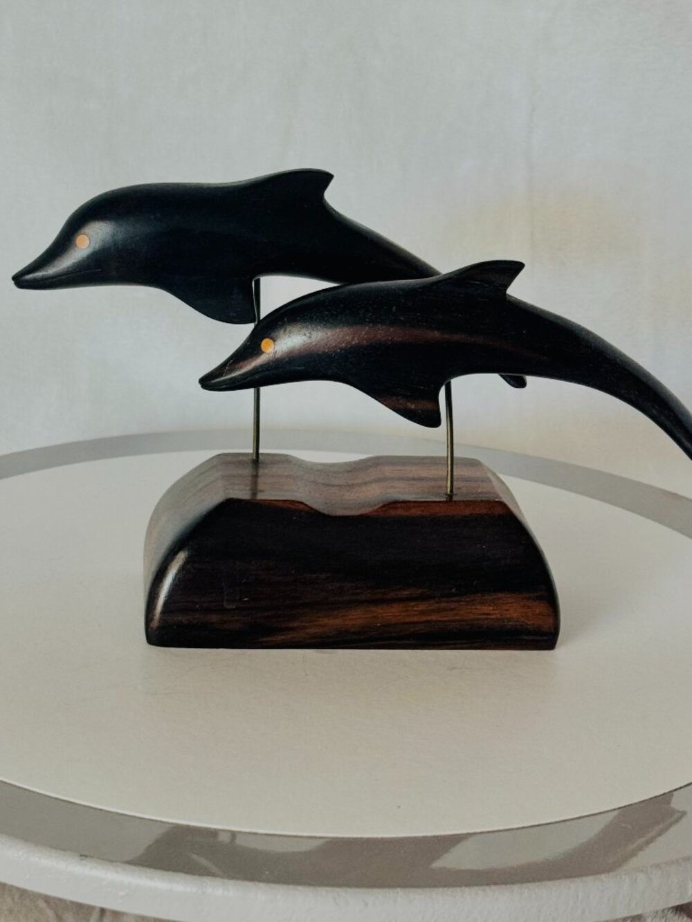 Vtg 2 Dark Ironwood Handcarved Dolphins School Base Sculpture Phillipines Rosa8